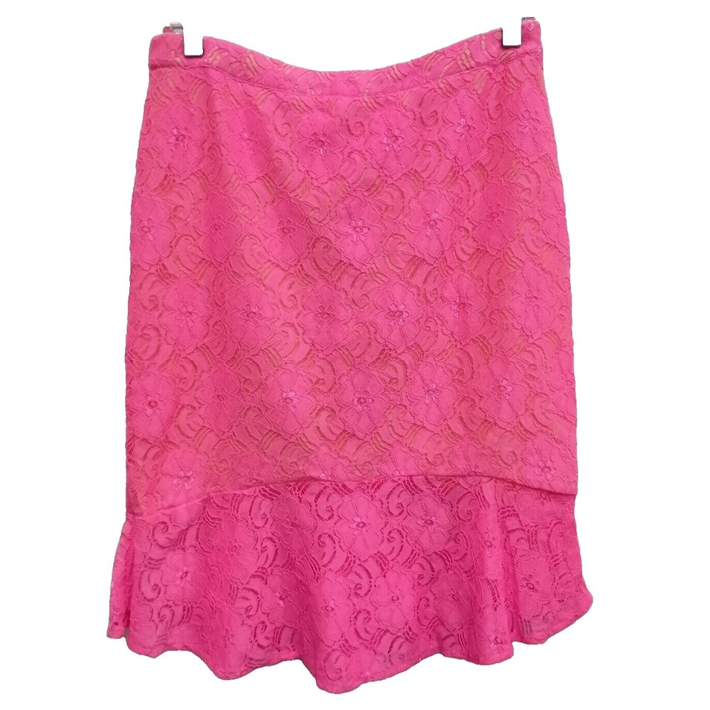 Umgee Pencil Skirt Womens Medium Pink Floral Lace Ruffle Hem Barbiecore
